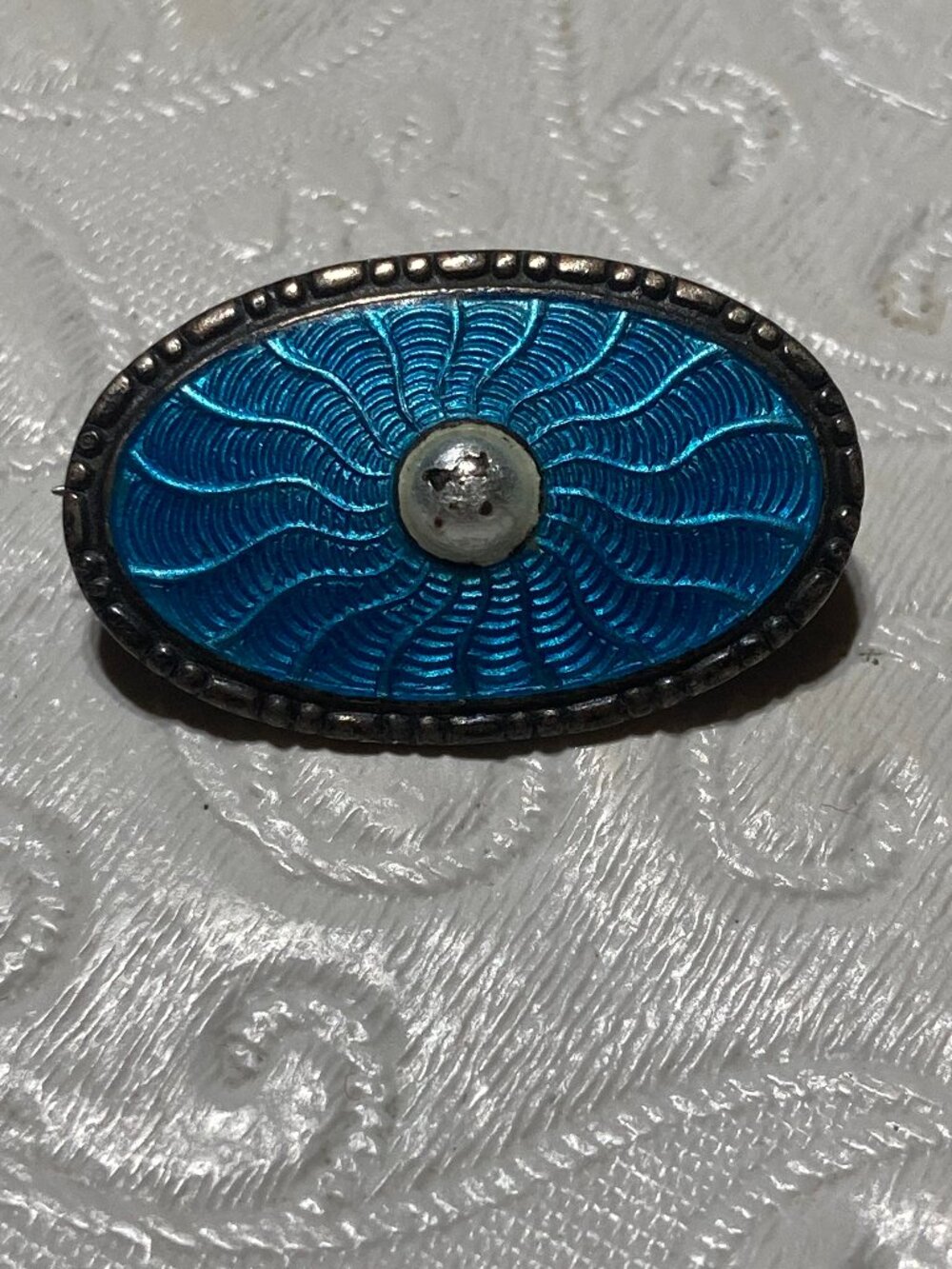 Marius Hammer Antique 930S Silver Blue Oval Guilloche Enamel Pin Brooch 1"